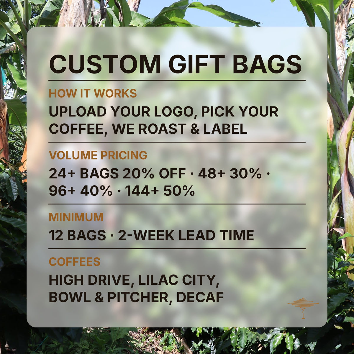 How custom gift bags work: upload your logo, pick your coffee, volume pricing and lead time