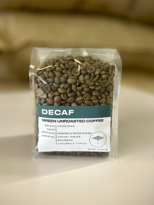 Bag of decaf green unroasted coffee