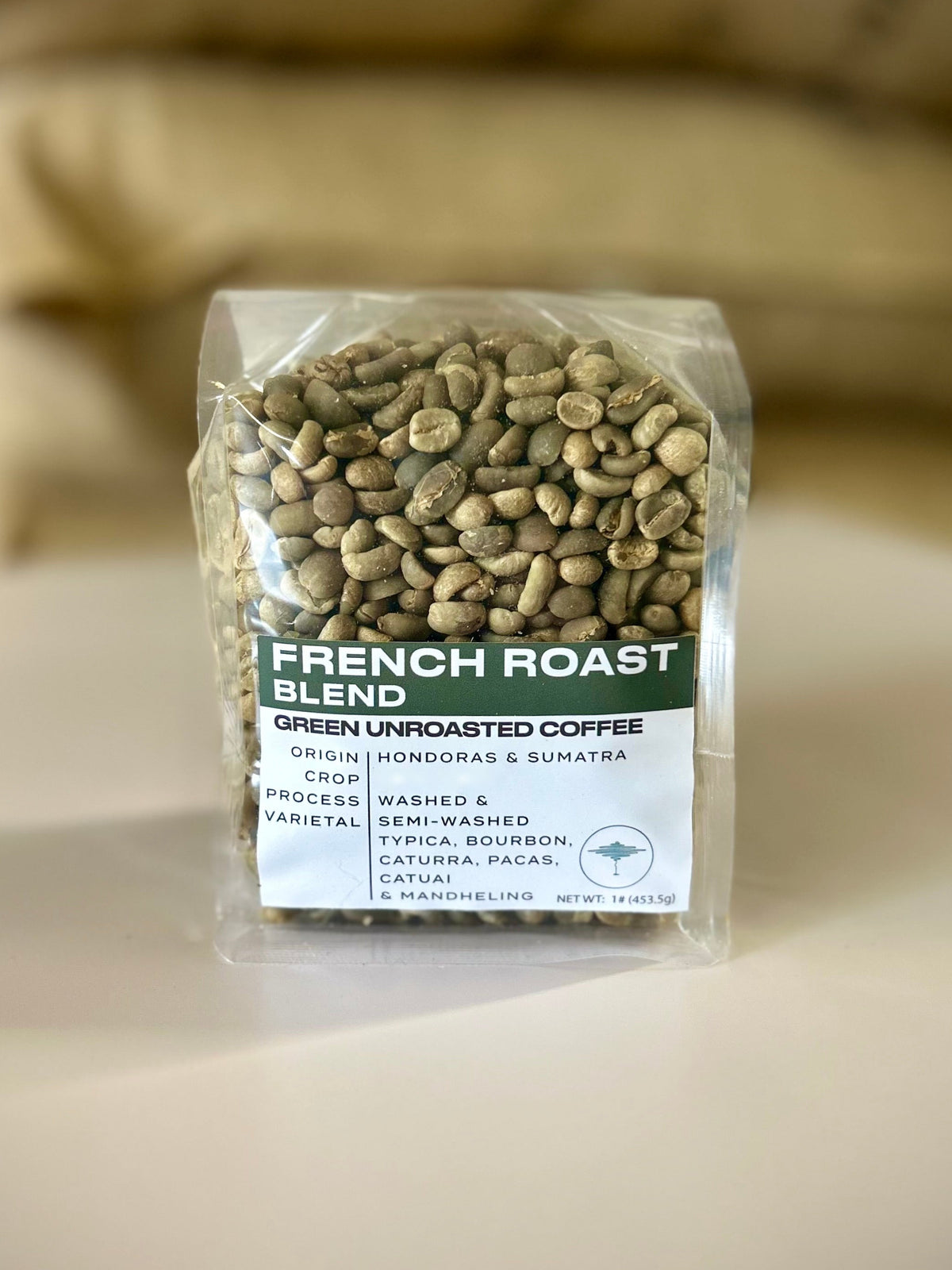 Bag of French Roast Blend green unroasted coffee