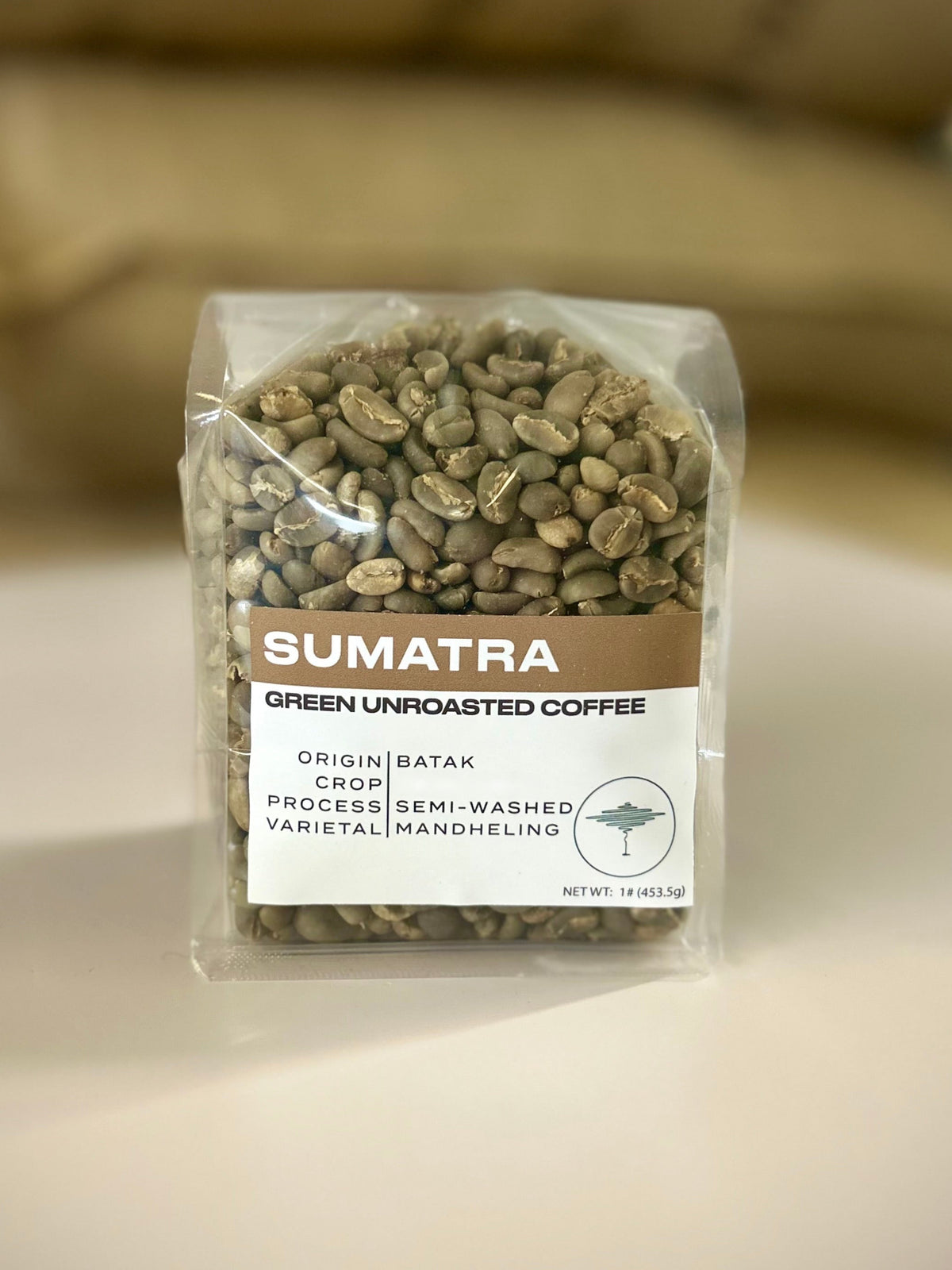 Bag of Sumatra green unroasted coffee