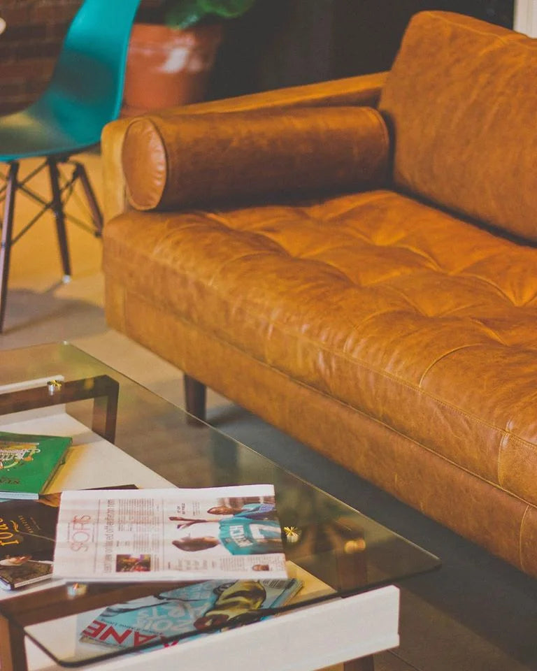 Leather couch in the lounge at Indaba Coffee Riverside